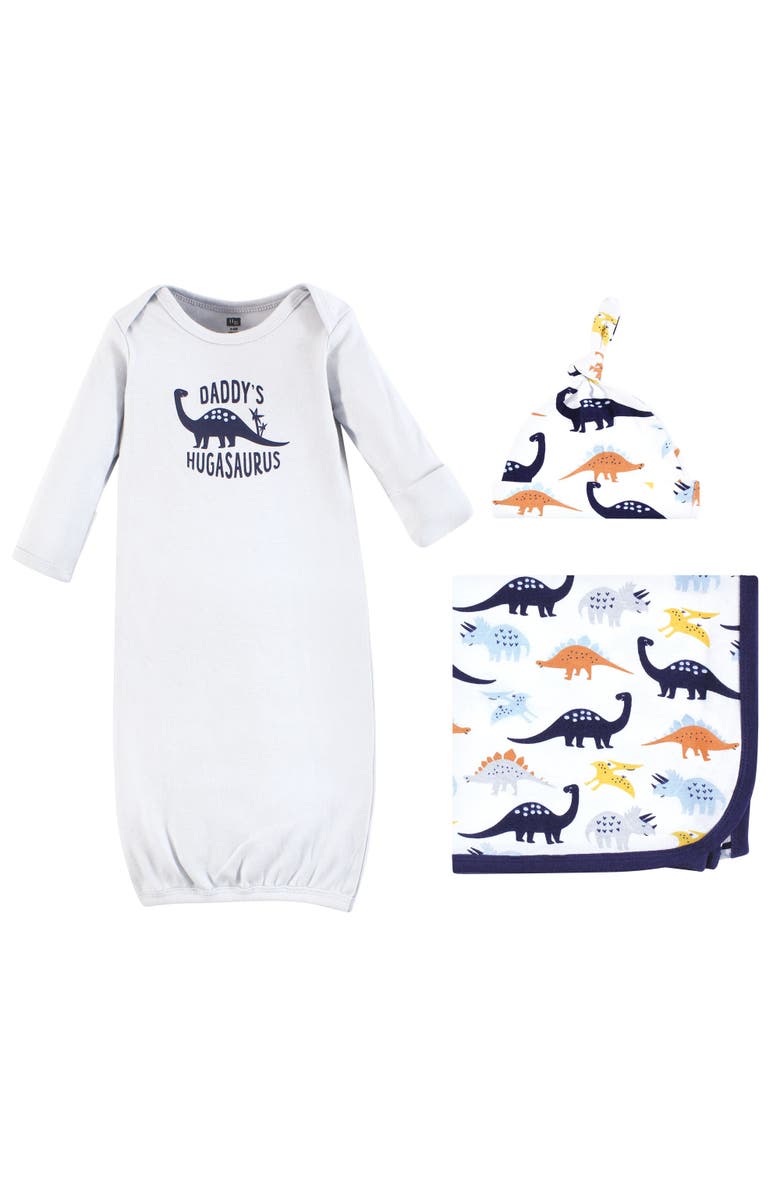 Hudson Baby Newborn Layette Collection Gown, Swaddle & Choice of Headwear, Main, color, Hugasaurus