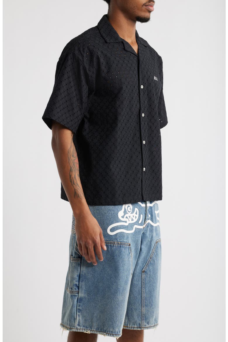 Mega Crop Cotton Pointelle Camp Shirt, Alternate, color, BLACK