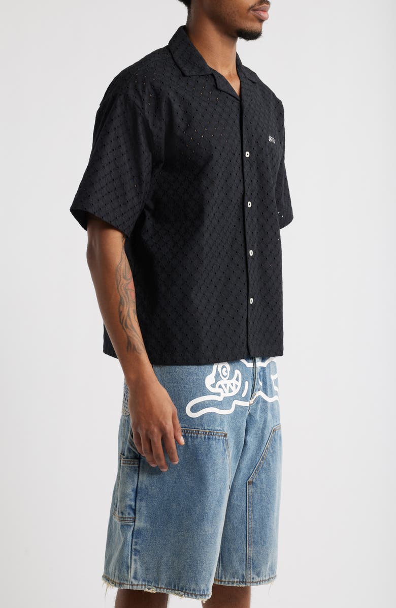 ICECREAM Mega Crop Cotton Pointelle Camp Shirt, Alternate, color, Black