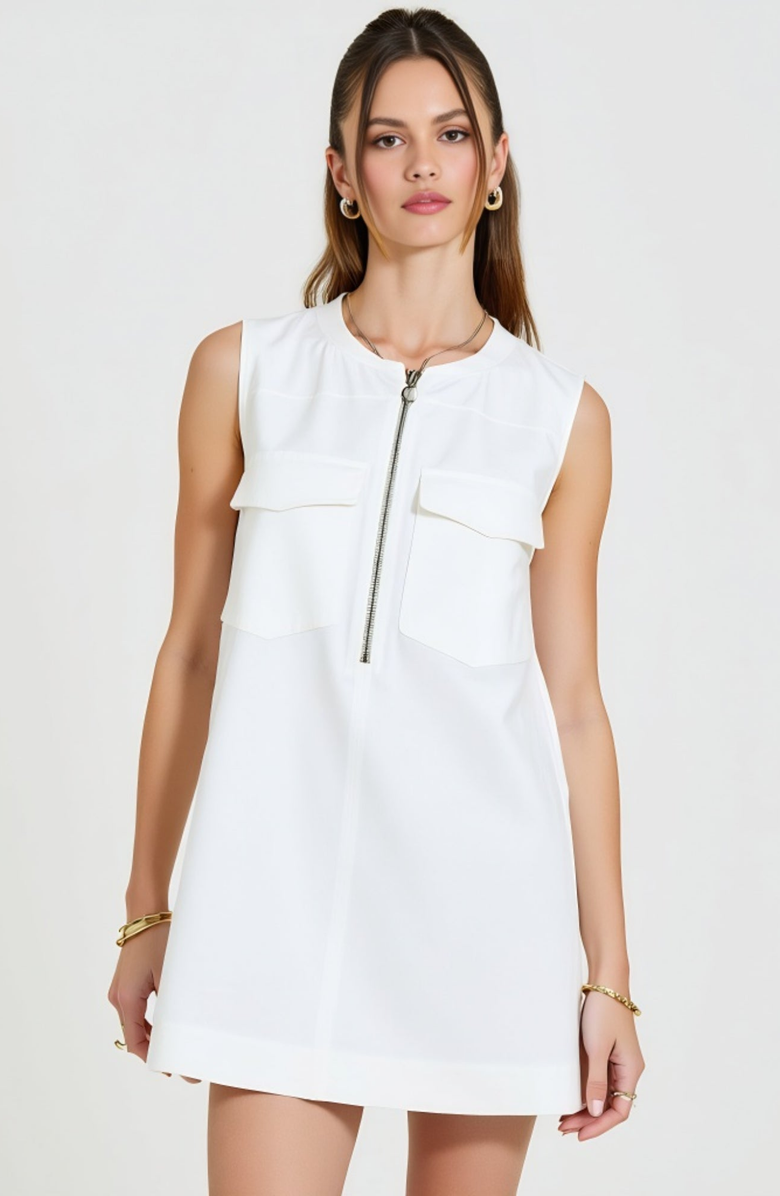 Modenaire Sleeveless Ring-Pull Zip-Front Patch-Pocket Mini Dress, Main, color, White