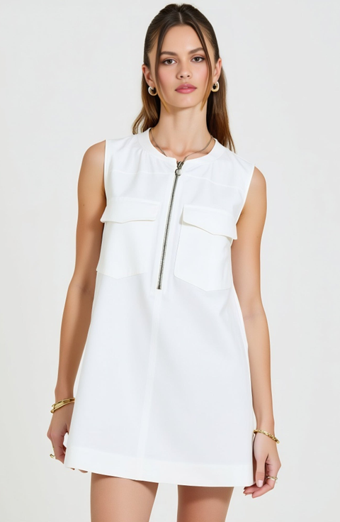 Sleeveless Ring-Pull Zip-Front Patch-Pocket Mini Dress