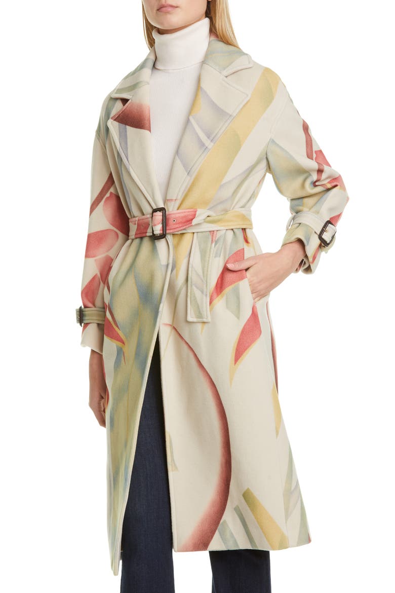 Leaf Print Wool & Cashmere Coat, Alternate, color, WHITE