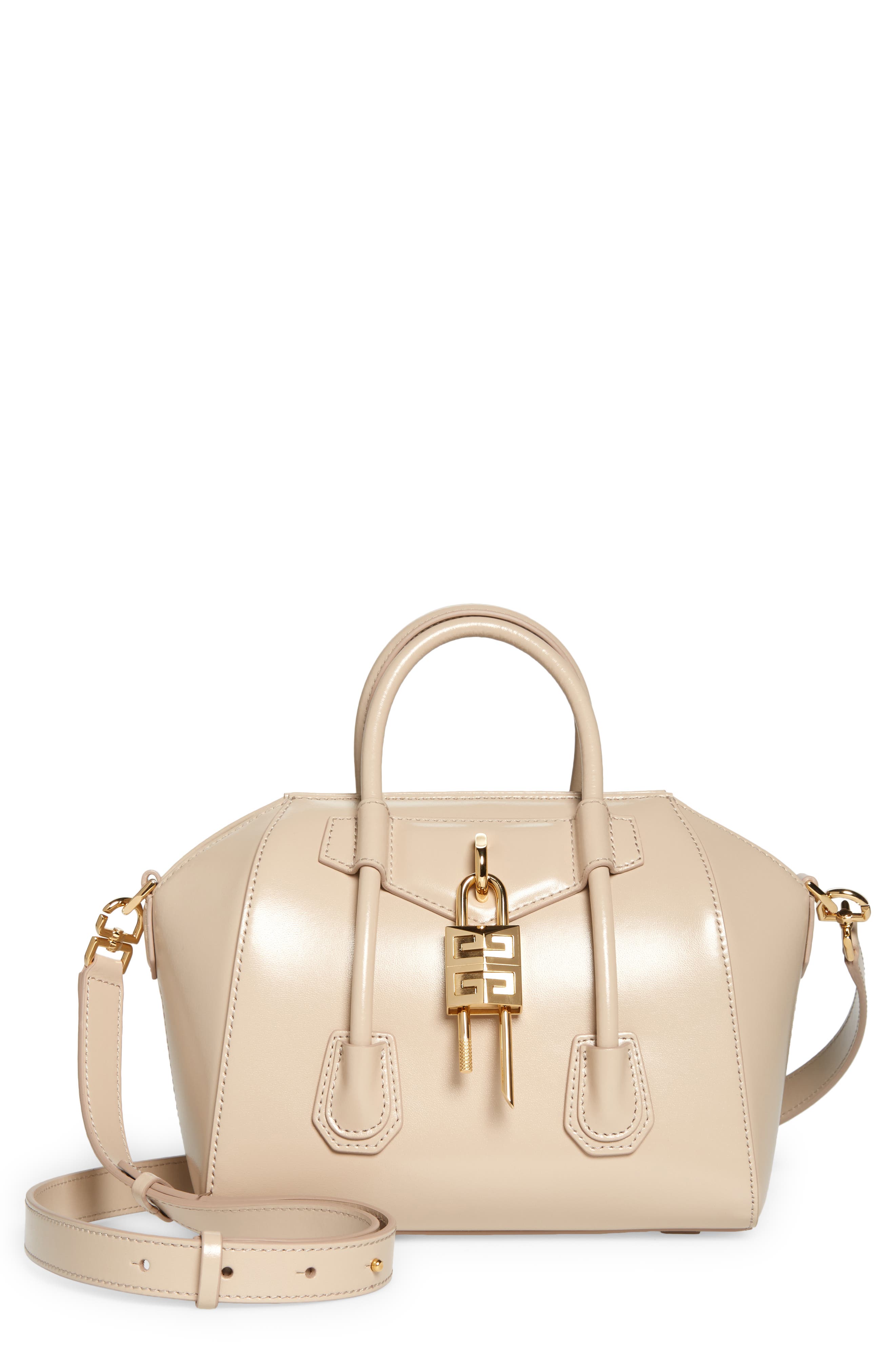 Mini Antigona Lock Leather Satchel, Main, color, NATURAL BEIGE