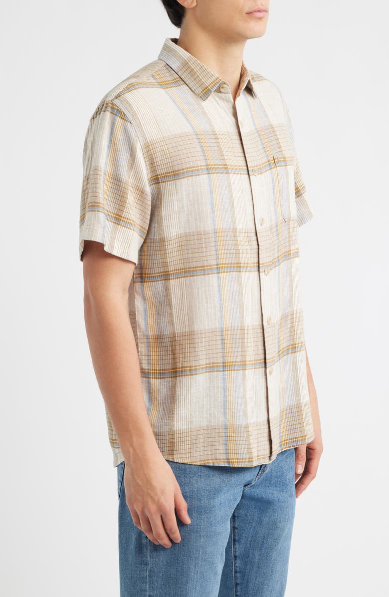 Pendleton Dawson Plaid Short Sleeve Linen Blend Button-Up Shirt, Alternate, color, Ecru/ Tan/ Blue Plaid