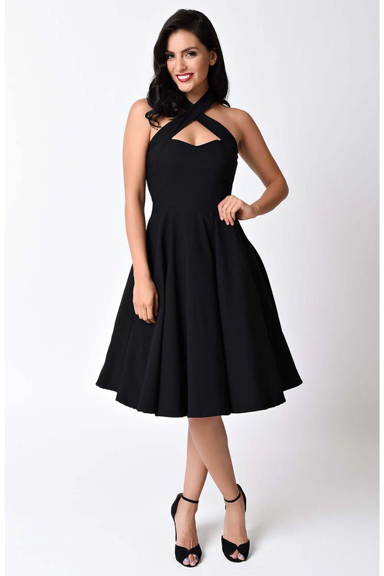 1950s Criss Cross Halter Rita Flare Dress, Main, color, Black