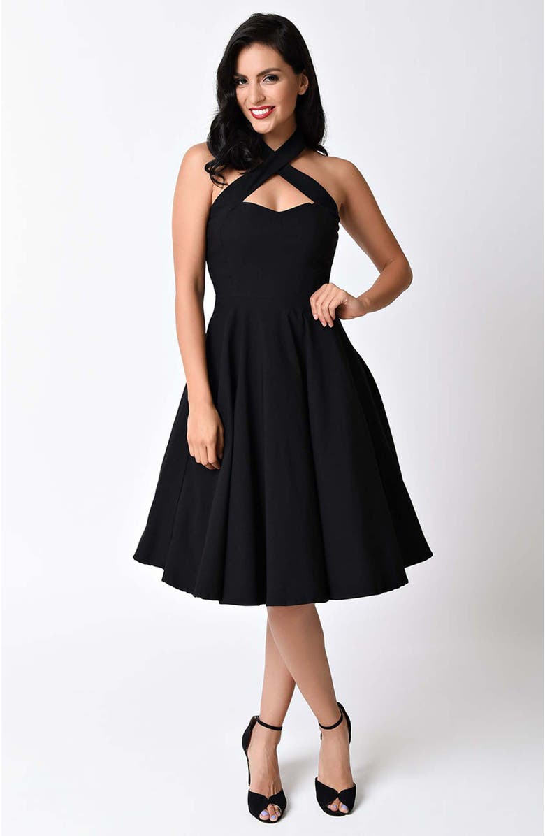 Unique Vintage 1950s Criss Cross Halter Rita Flare Dress, Main, color, Black
