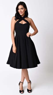 Unique Vintage 1950s Criss Cross Halter Rita Flare Dress