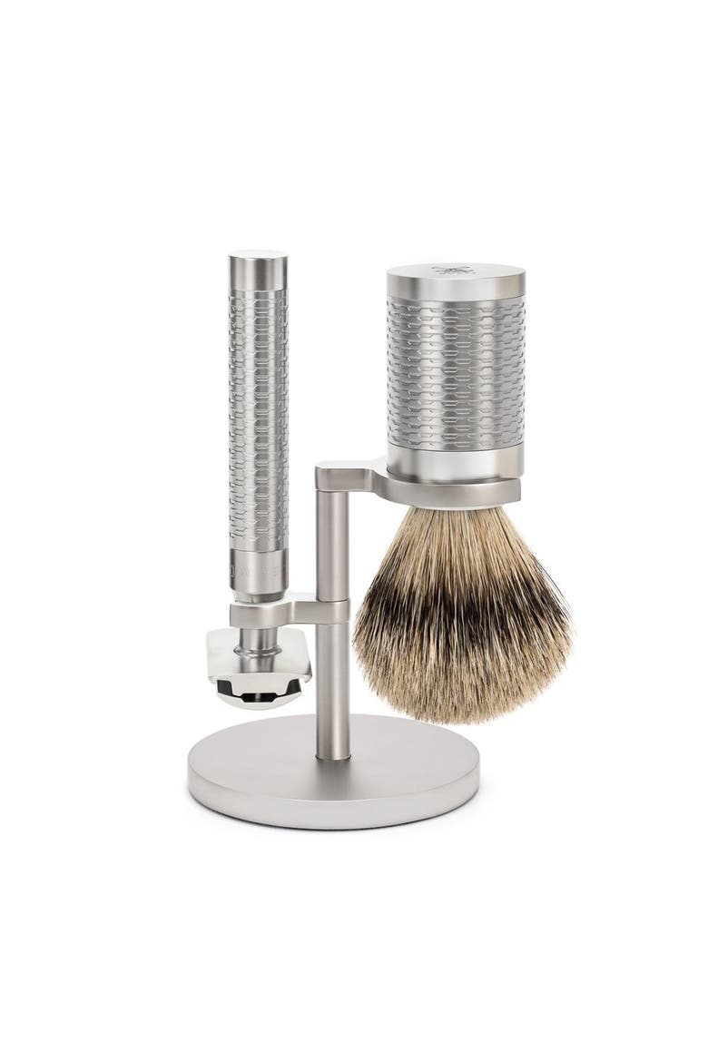 Rocca Silver Matt Stainless Steel 3-Piece Silvertip Badger & Safety Razor Shaving Set, Main, color, Silver