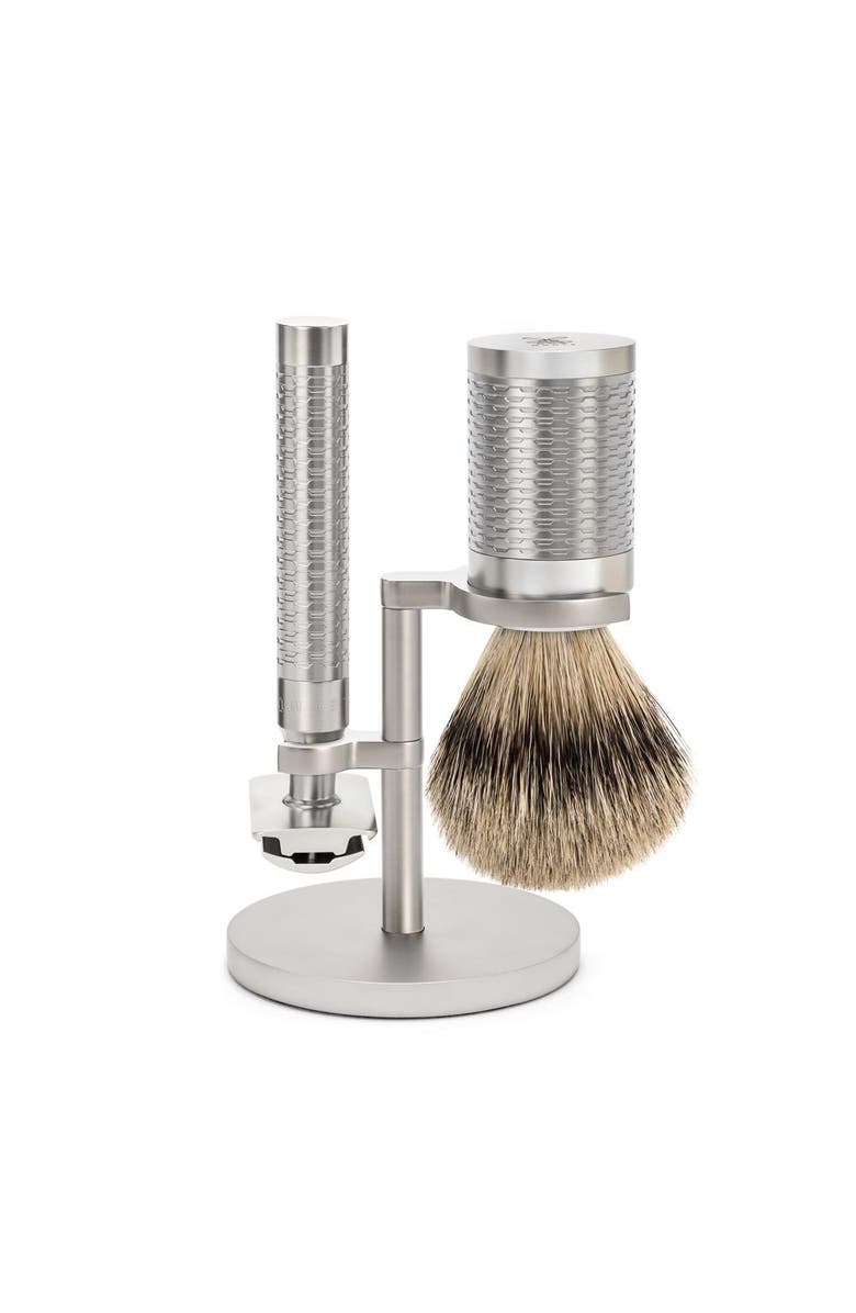 MÜHLE Rocca Silver Matt Stainless Steel 3-Piece Silvertip Badger & Safety Razor Shaving Set, Main, color,