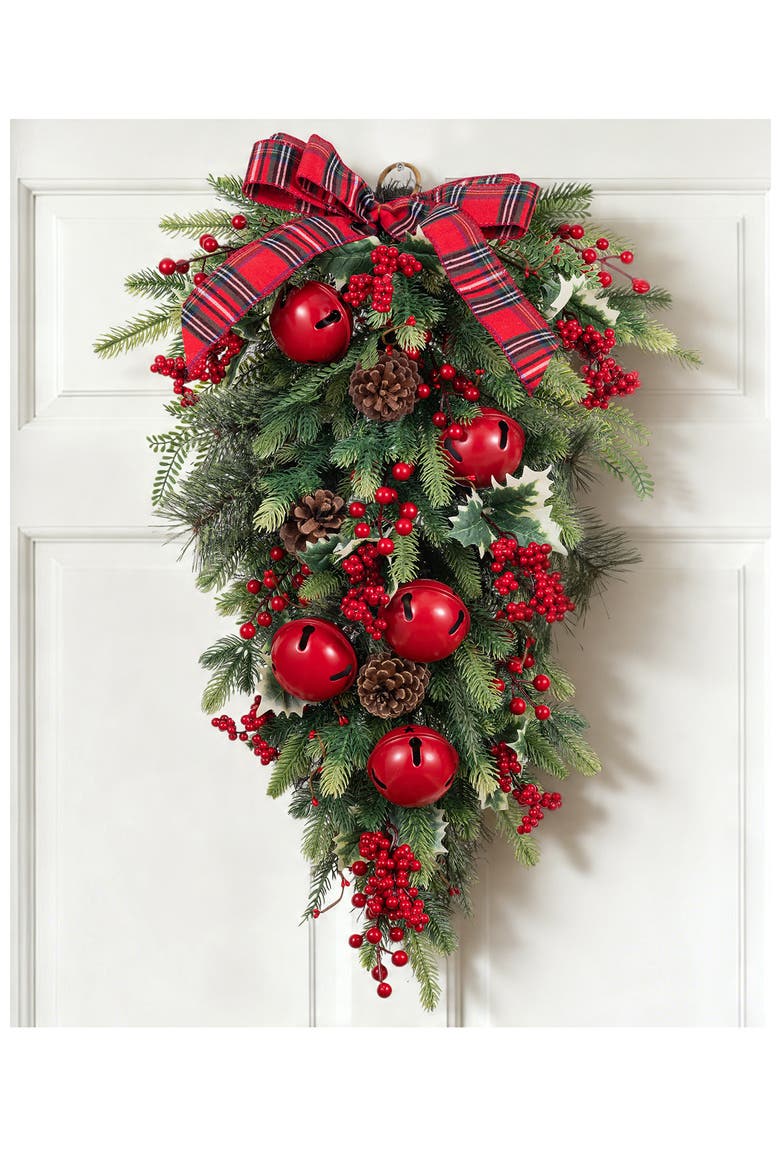 Berry Pinecone and Bell Christmas Teardrop Wreath, Alternate, color, Red