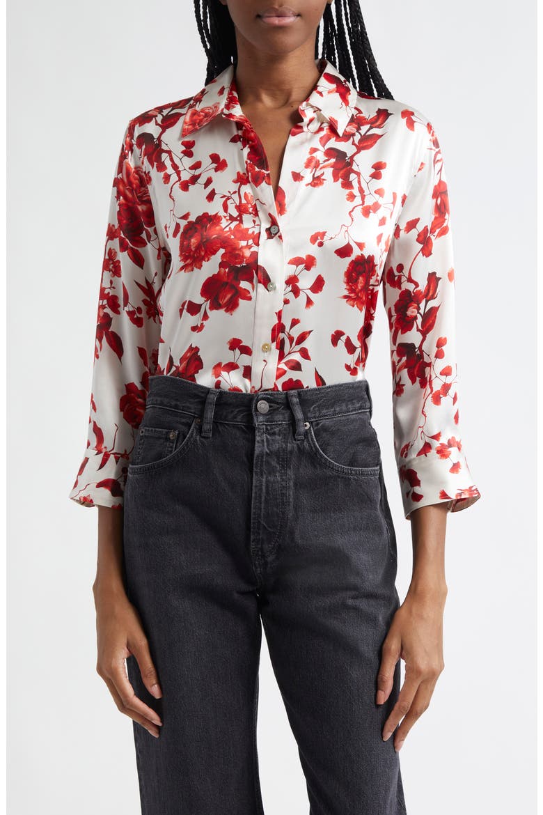 Dani Floral Silk Charmeuse Blouse, Main, color, IVORYRED