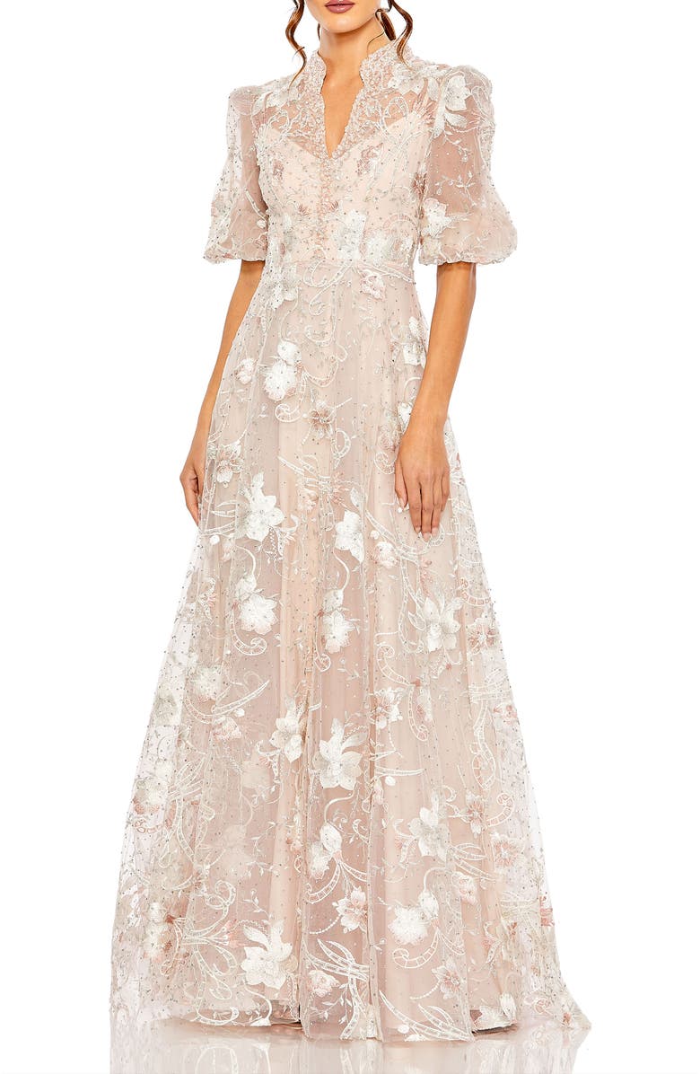 Mac Duggal Queen Anne Puff Sleeve A-Line Gown, Main, color, Blush