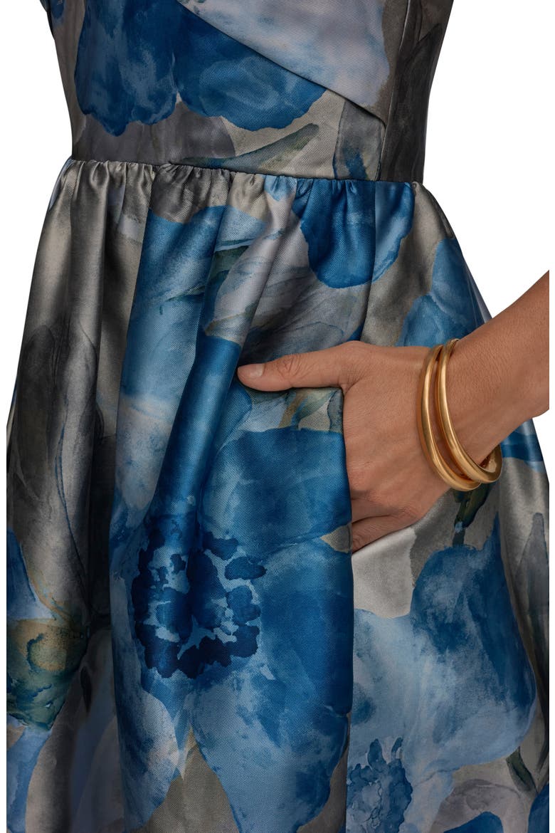 Floral Print Strapless Satin Gown, Alternate, color, WASHED INDIGO MULTI