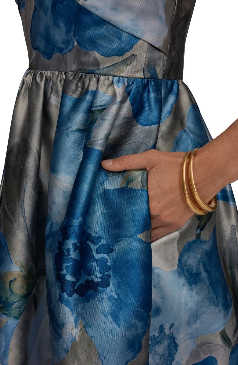 Donna Karan New York Floral Print Strapless Satin Gown, Alternate, color, Washed Indigo Multi