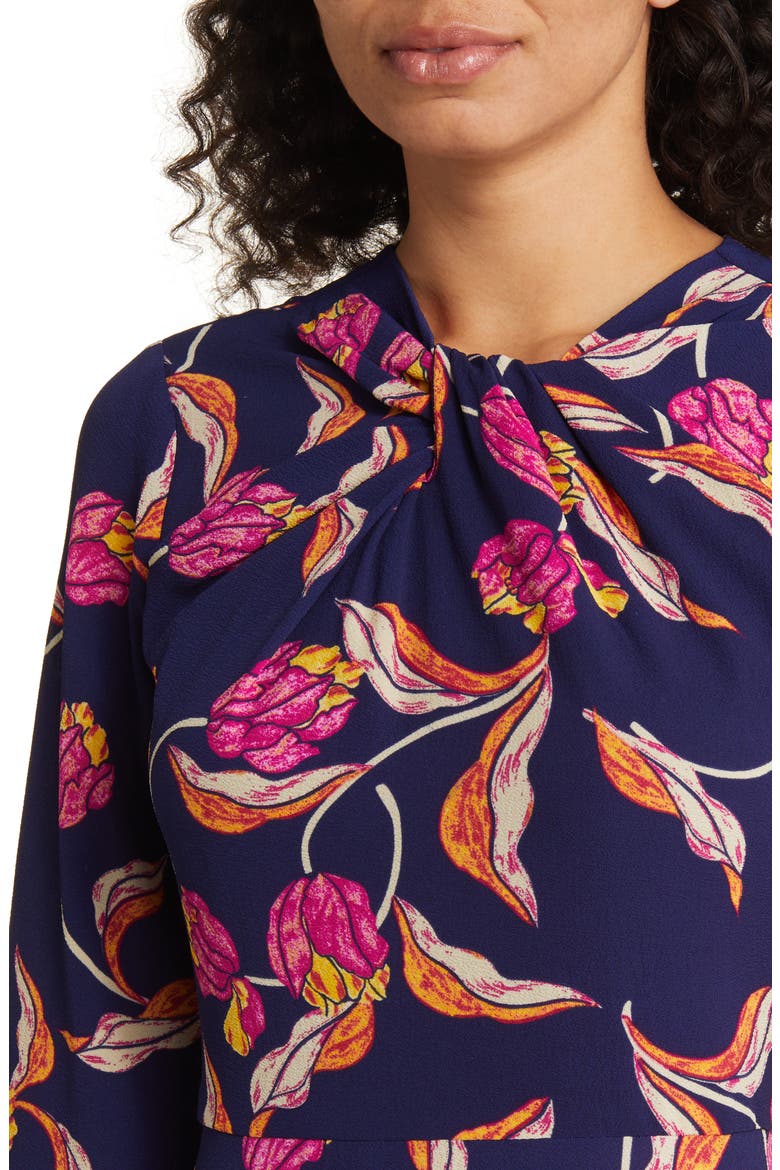 Floral Twist Neck Long Sleeve Midi Dress, Alternate, color, NAVY/ WINE