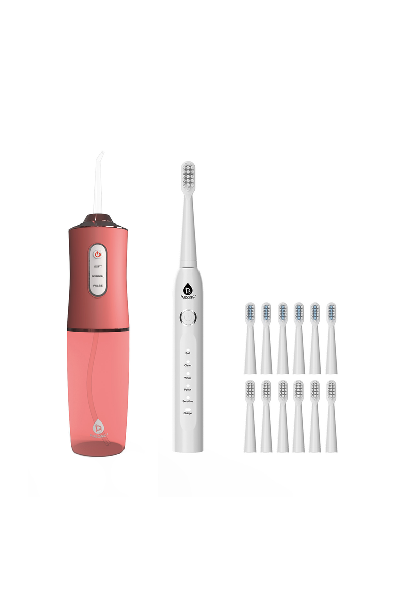 Rechargeable Water Flosser & USB Electric Toothbrush with 12 Brush Heads, Main, color, Multicolor