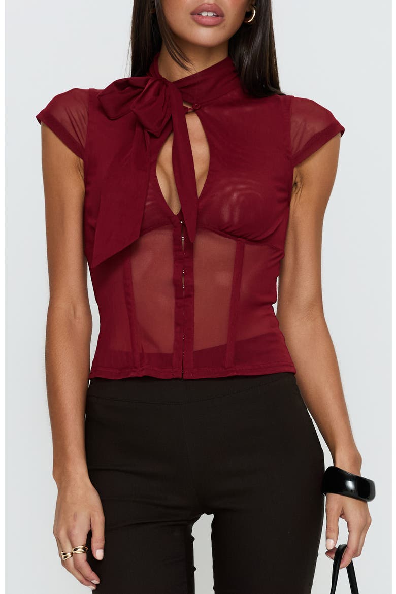 Anistasia Mesh Keyhole Corset Top with Scarf, Main, color, BURGUNDY