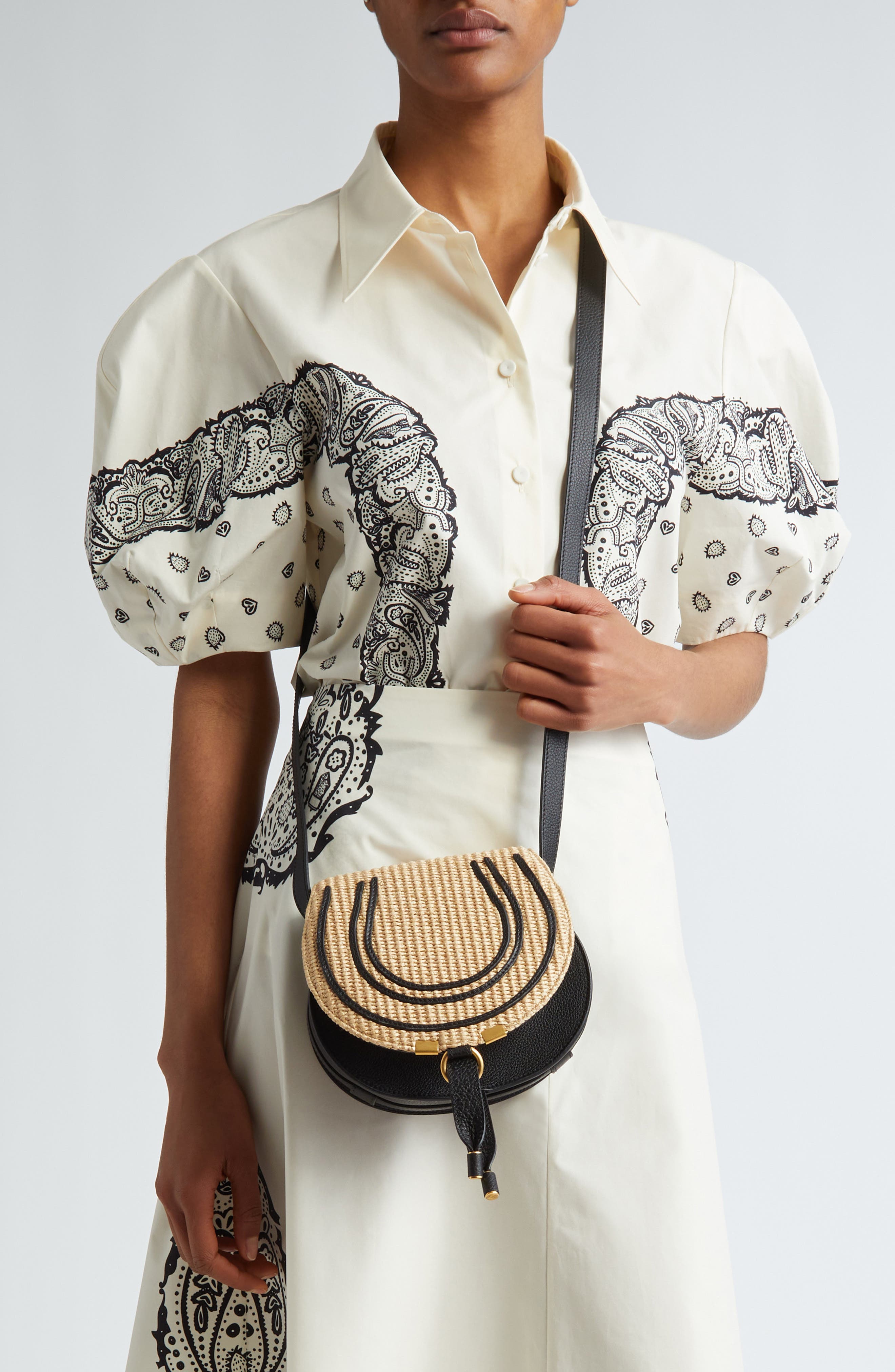 Chloé Small Marcie Raffia & Leather Crossbody Bag, Alternate, color, 