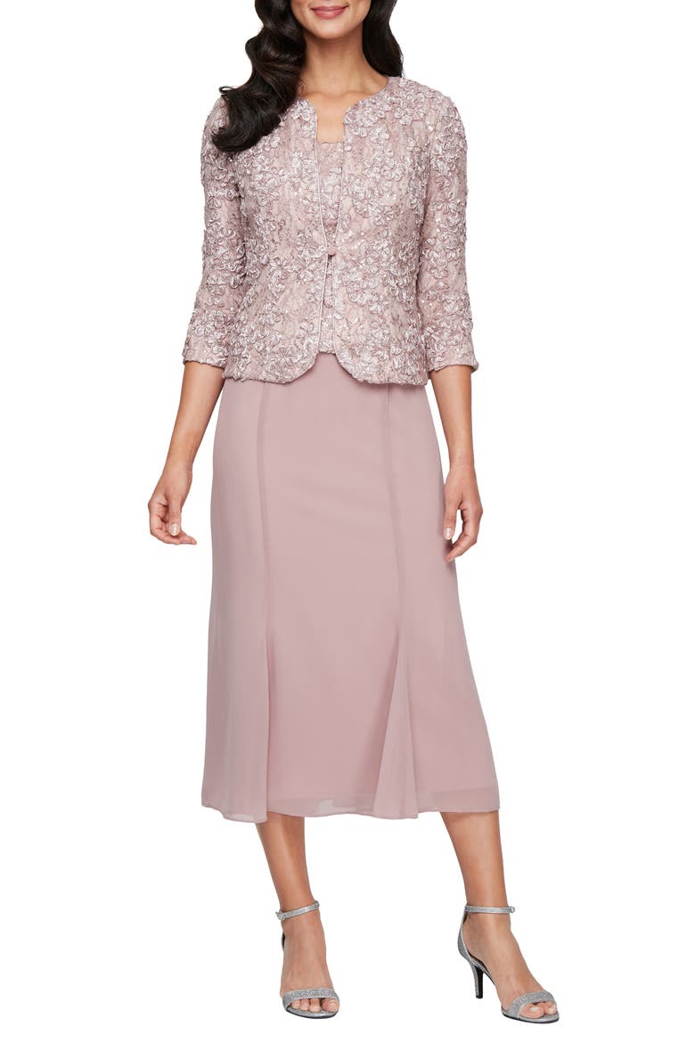 Mixed Media Sequin Soutache Lace Cocktail Dress with Jacket, Main, color, MAUVE