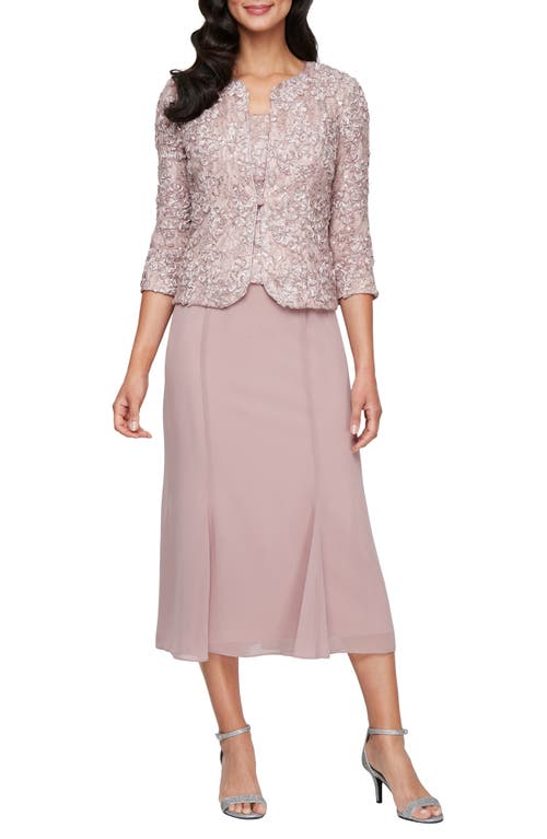 Alex Evenings Mixed Media Sequin Soutache Lace Cocktail Dress With Jacket In Mauve