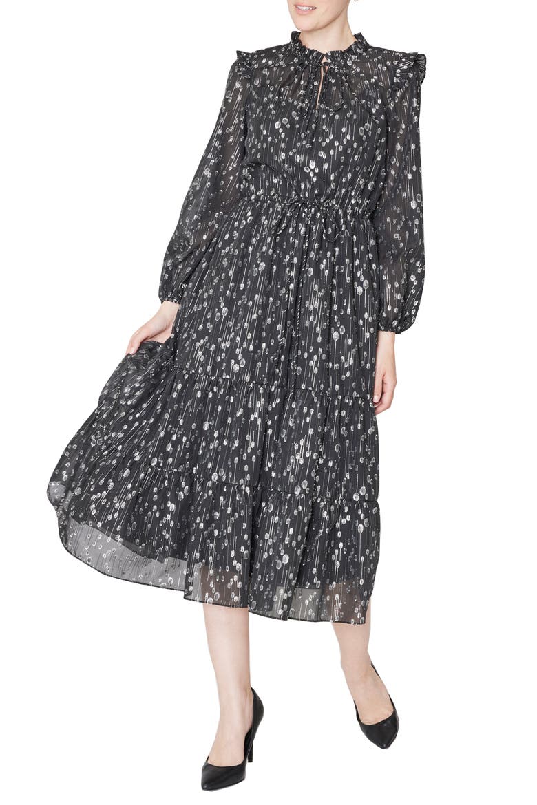 Metallic Long Sleeve Midi Dress, Main, color, BLACK/SILVER
