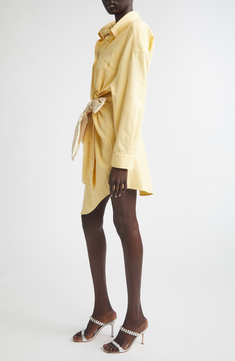 Area Satin Knot Long Sleeve Cotton Oxford Shirtdress, Alternate, color, Light Yellow