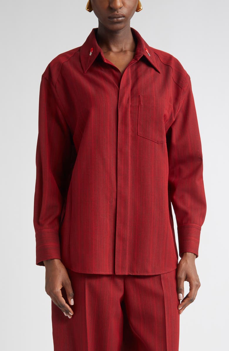 Bottega Veneta Subtle Stripe Wool Blend Button-Up Shirt, Main, color, 6516 Red/ Grey Melange