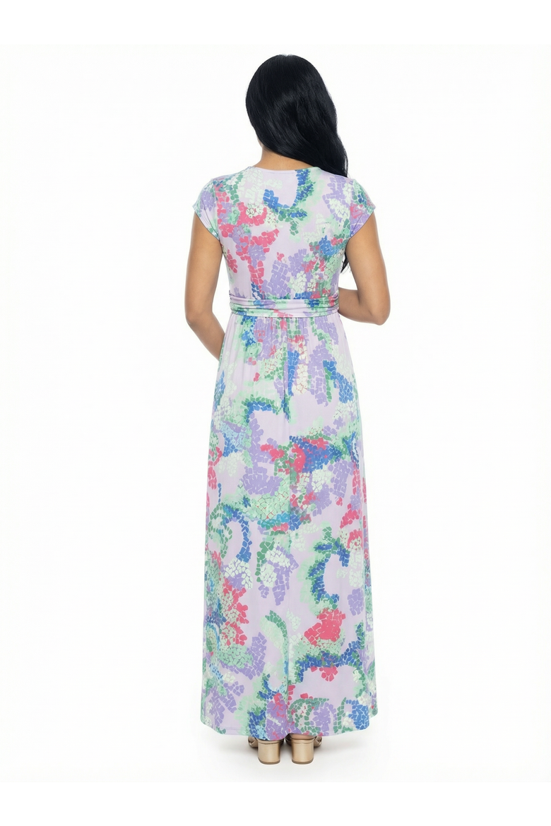 Maternity Abstract V-Neck Cap Sleeve Side Slit Pocket A-Line Maxi Dress, Alternate, color, Lilac Multi