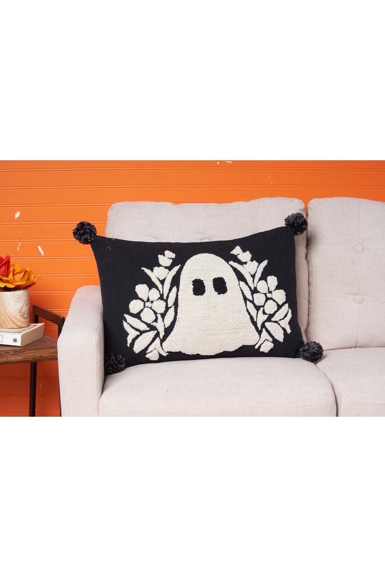 Skully Ghost Halloween Hooked Lumbar Accent Pillow, Alternate, color, Black