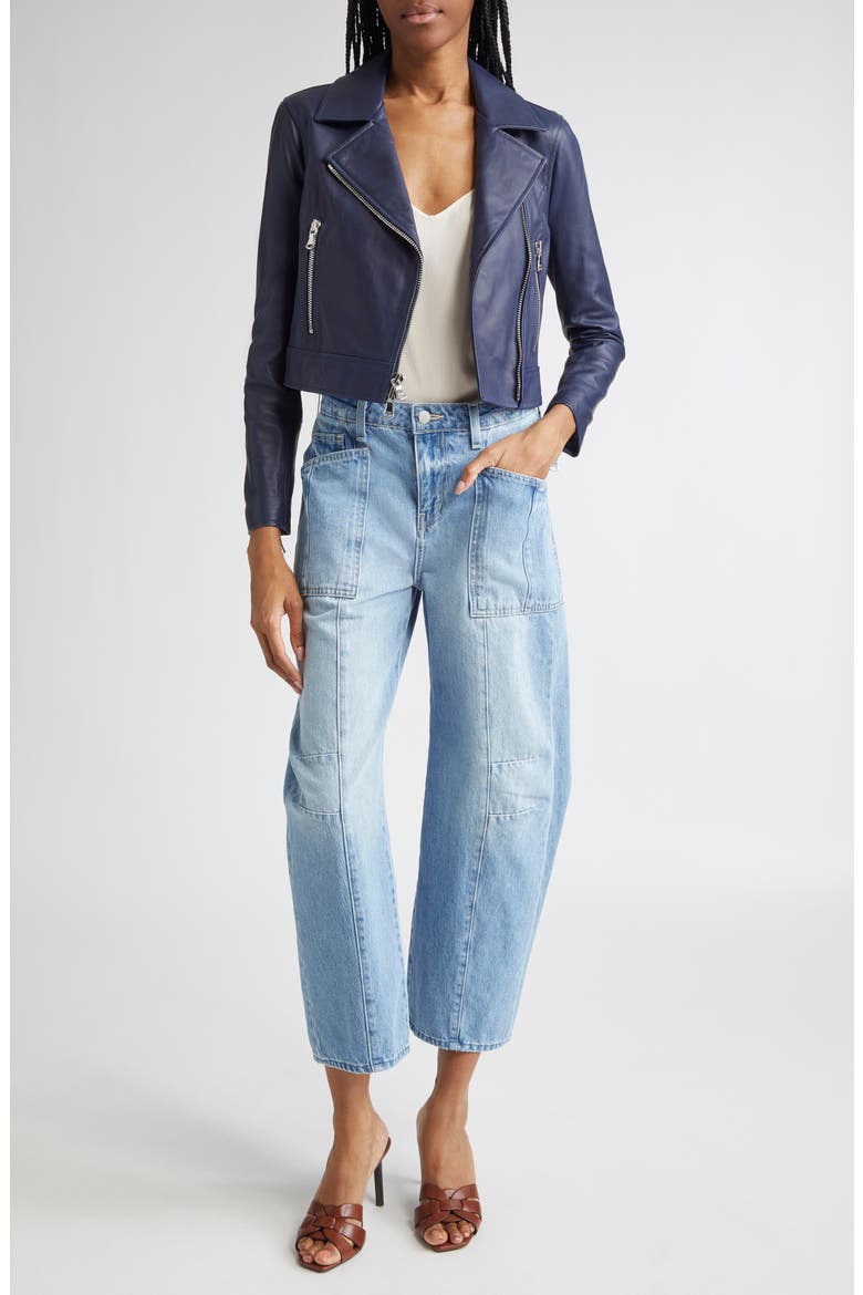 Onna Crop Leather Biker Jacket, Alternate, color, NAVY