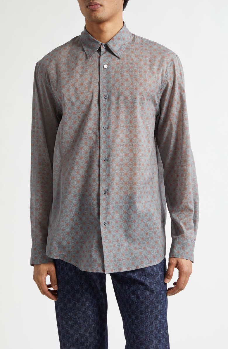 Dries Van Noten Caper Print Cotton Poplin Button-Up Shirt, Main, color, Steel