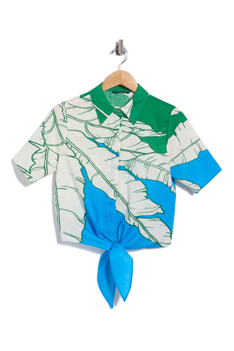 Short Sleeve Tie Front Cotton & Linen Crop Shirt, Alternate, color, PALM CASCADE PRINT