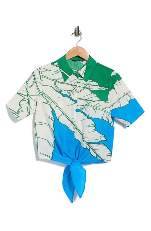 Short Sleeve Tie Front Cotton & Linen Crop Shirt
