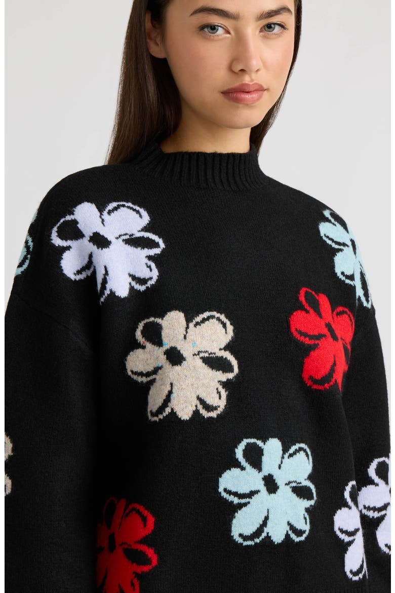 Mock Neck Floral Sweater, Alternate, color, BLACK FLORAL