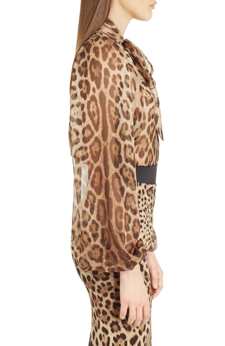 Dolce&Gabbana Leopard Print Silk Tie Neck Blouse, Alternate, color, 