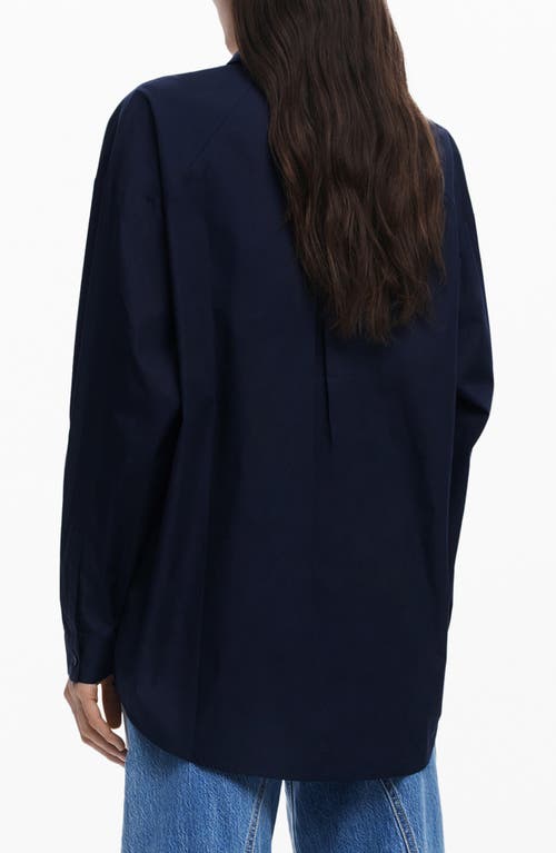 Desigual Floral Embroidered Oversize Cotton Graphic Button-up Shirt In Navy Blue