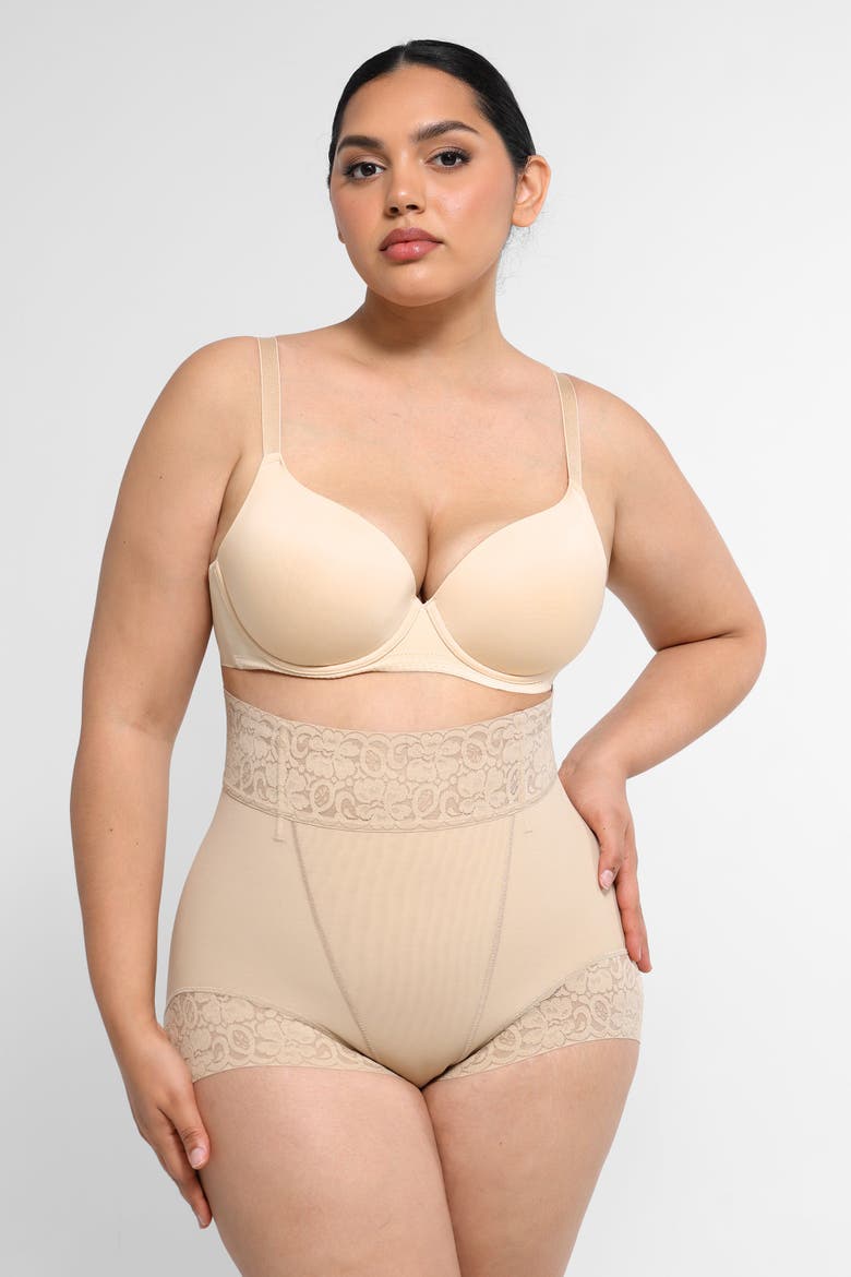 Mid-Rise Lace Shaper Brief, Alternate, color, Beige