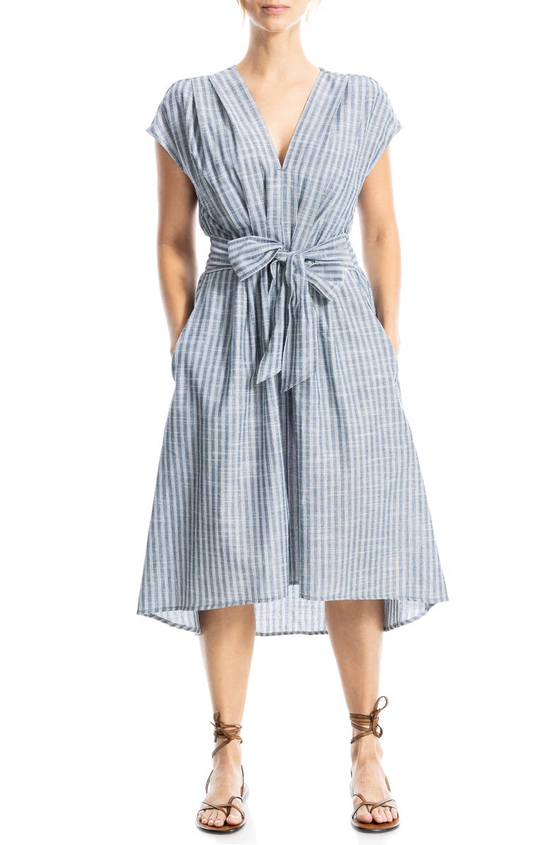 MAX STUDIO Stripe Tie Front Cotton Blend Dress, Alternate, color, Navy/ White Tartan Stripe