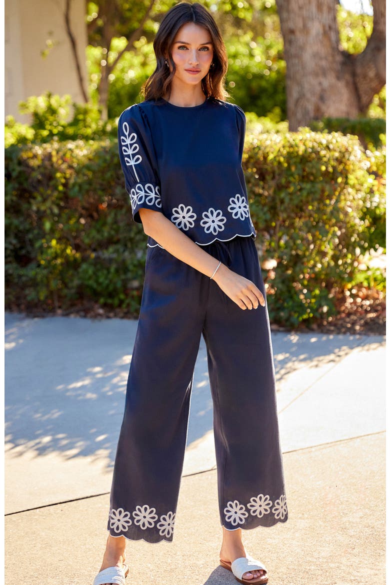 Embroidered Scallop Drawstring Cotton Pants, Alternate, color, NAVY