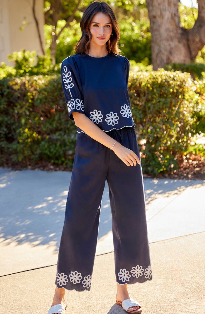 Karen Kane Embroidered Scallop Drawstring Cotton Pants, Alternate, color, Navy