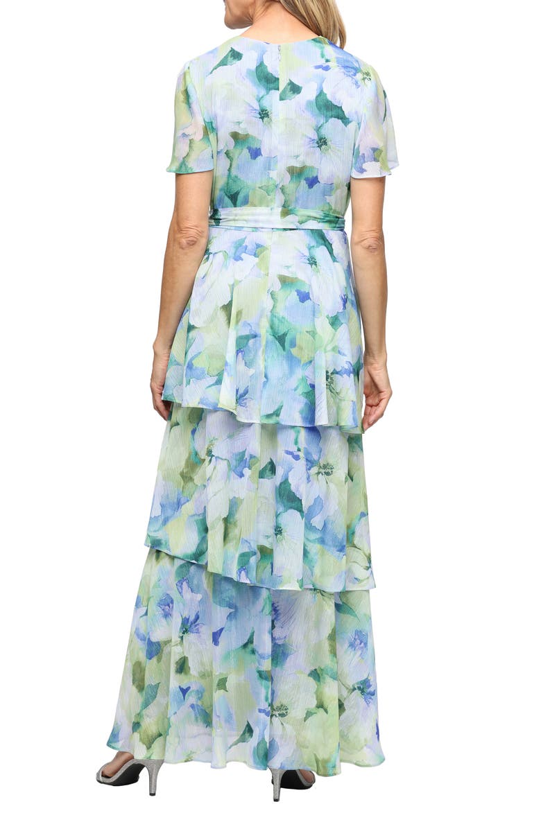 SL FASHIONS Floral Tiered Ruffle Gown, Alternate, color, Blue/ Multi