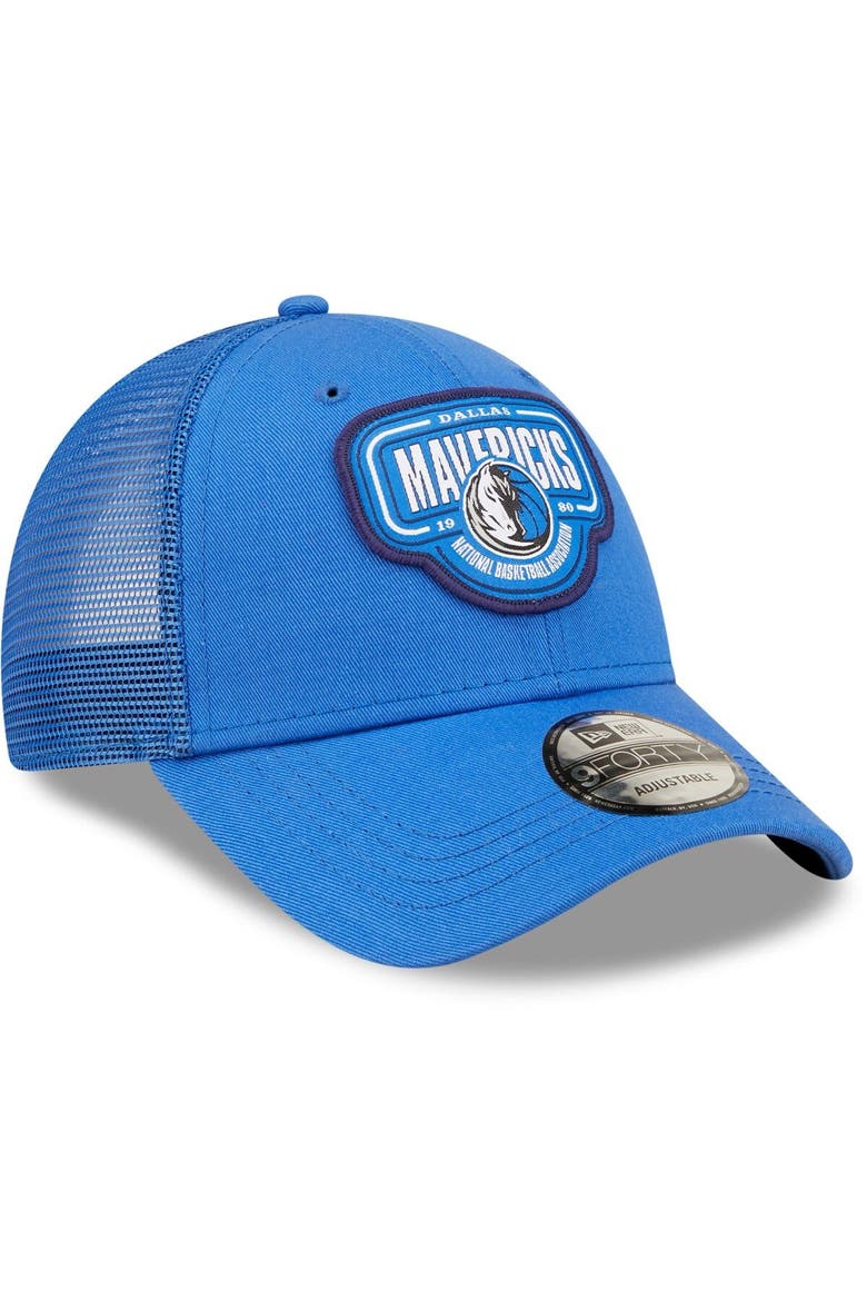 Men's New Era Blue Dallas Mavericks Team Logo Patch 9FORTY Trucker Snapback Hat, Alternate, color, Blue