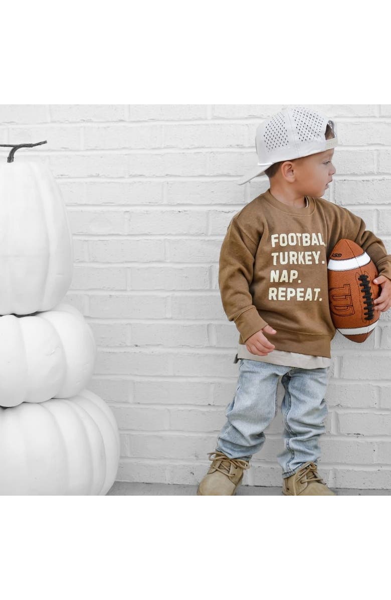 Sweet Wink Football Turkey Nap Repeat Thanksgiving Sweatshirt, Alternate, color, Mocha