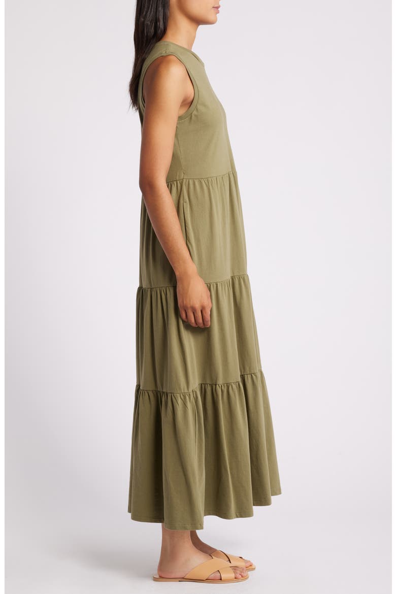 Sleeveless Tiered Organic Cotton Dress, Alternate, color, OLIVE BURNT