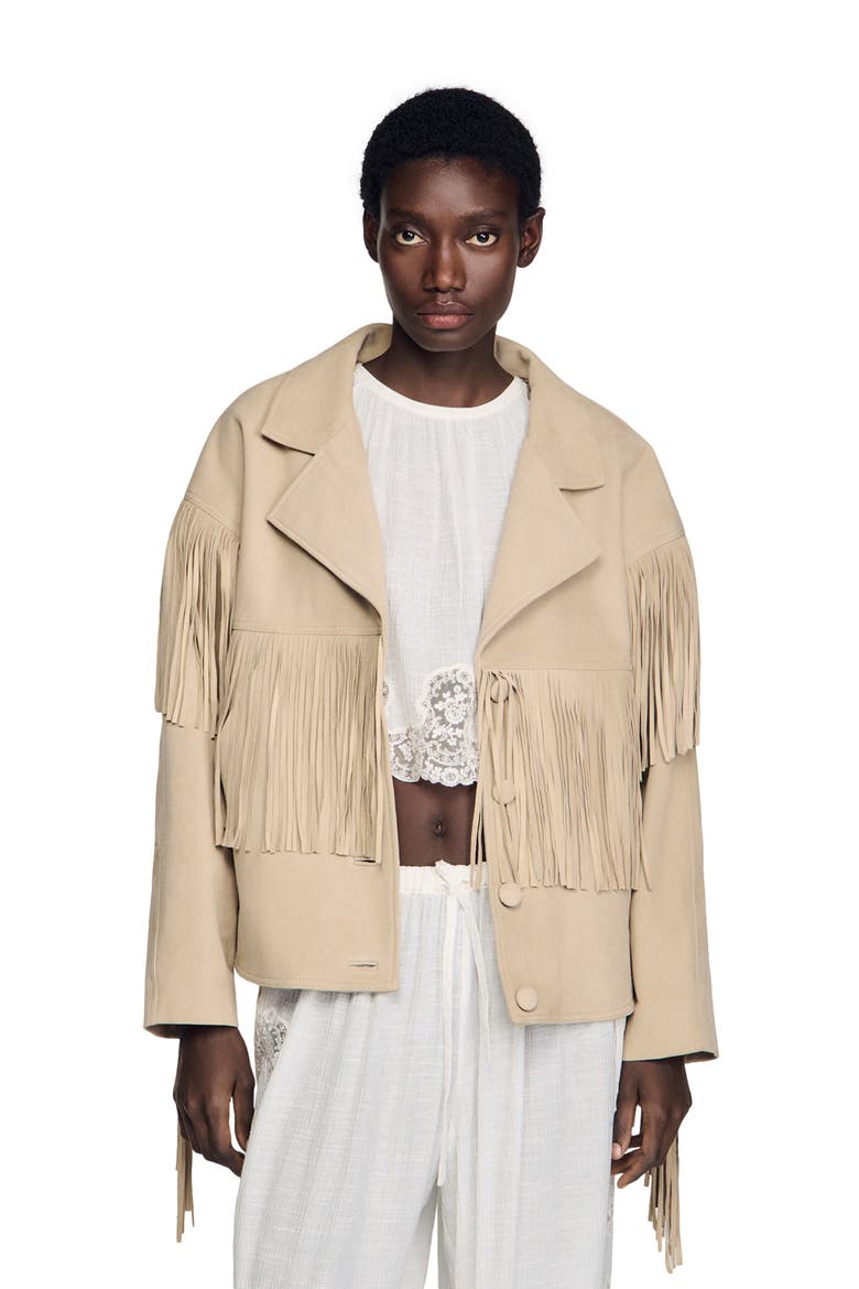 Fringed suede jacket, Main, color, Beige