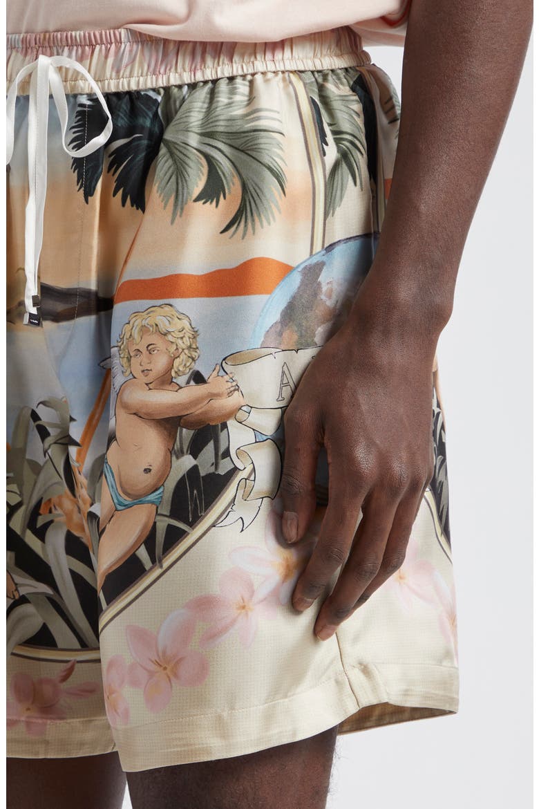 Cherub Print Silk Twill Shorts, Alternate, color, MULTI