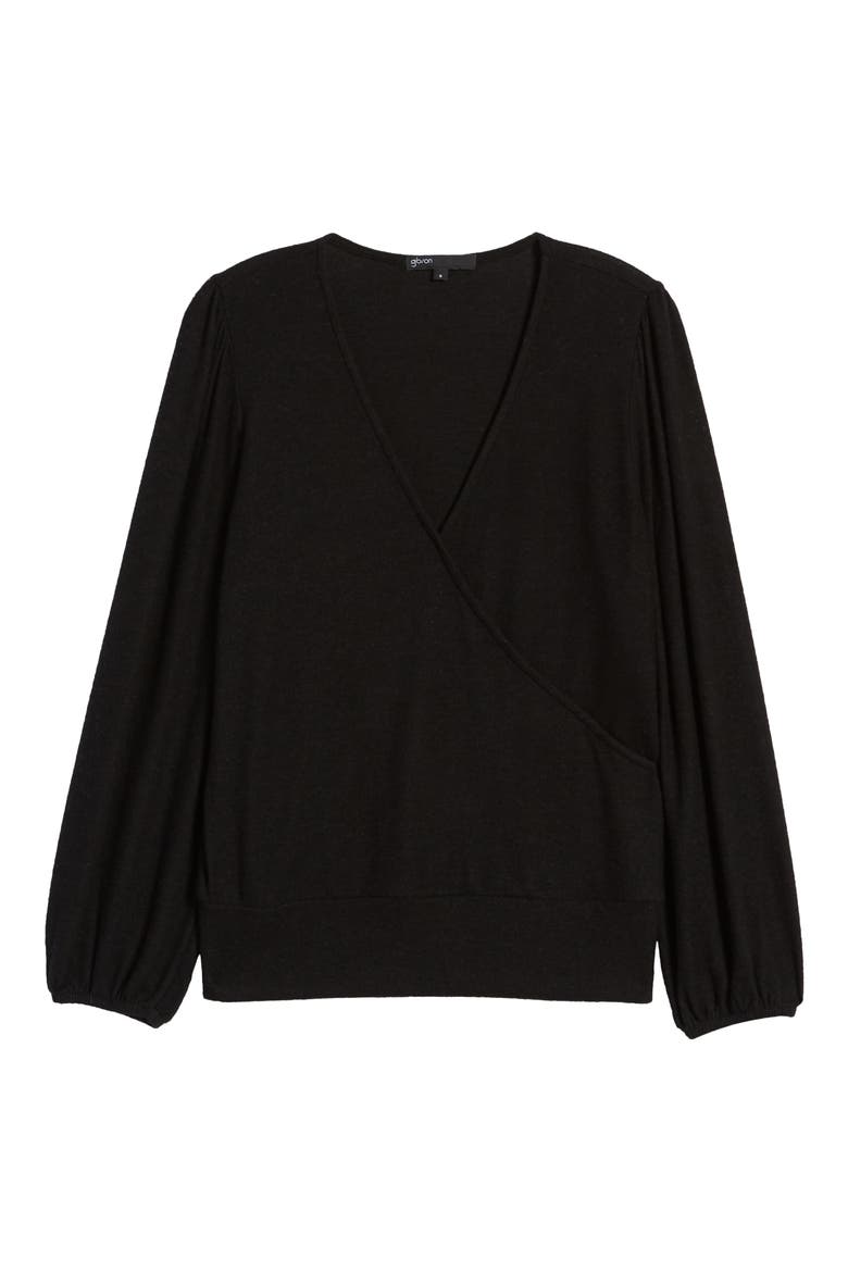 Surplice Blouson Sleeve Wrap Top, Alternate, color, BLACK