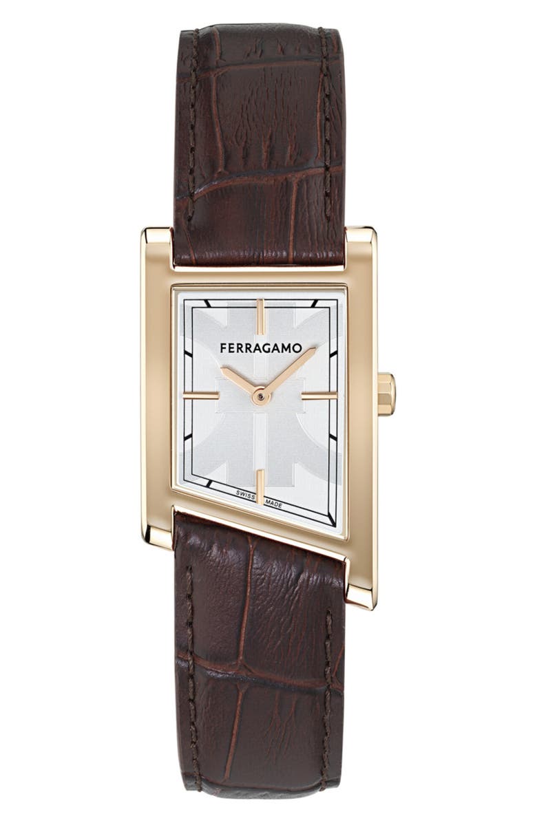 FERRAGAMO Asymetrique Leather Strap Watch, 24mm x 39mm, Main, color, Ip Rose Gold