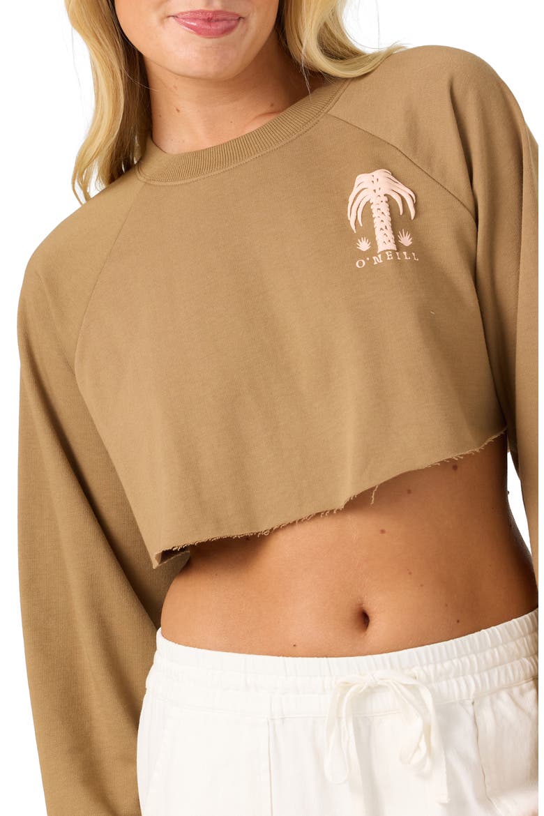 Palm Raw Edge Cropped Fleece Sweatshirt, Alternate, color, DARK KHAKI