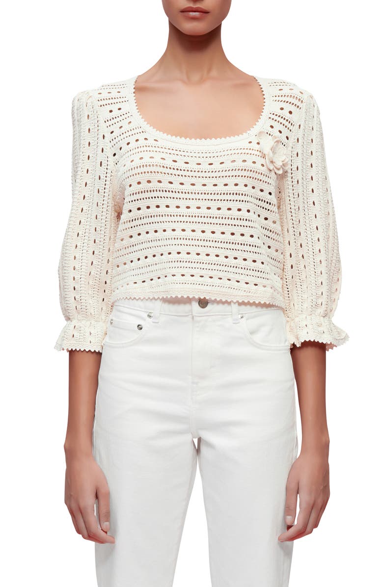 maje Marcia Floral Appliqué Pointelle Sweater, Main, color, Blanc